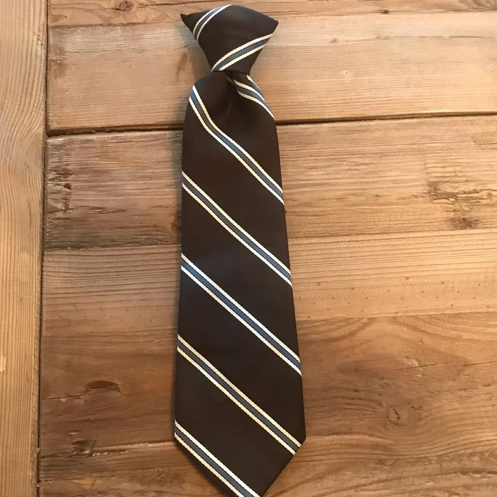 Boys Tie Clip On Brown Cream Blue 12”